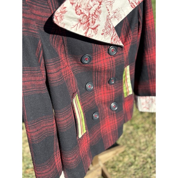 Vintage Wool Blend Plaid Pea Coat Sz Medium Double Breasted Red Black Upcycled - Picture 3 of 14